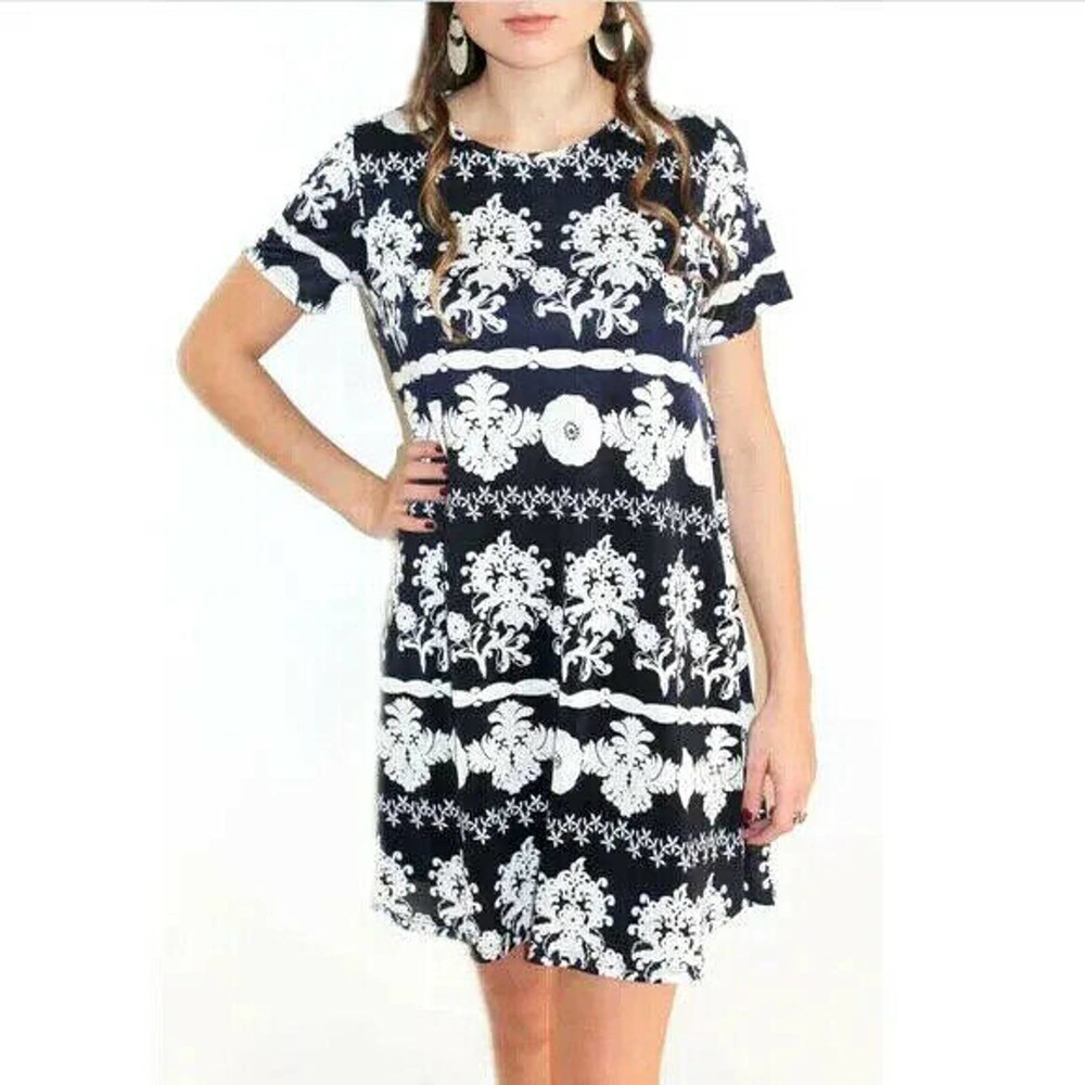 Show Me Your Mumu Em Mini Dress Navy White Floral Short Sleeve Shift Tun…
